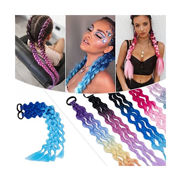 Hairro Colored Braids Hair Extensions with Rubber Bands, Rainbow Braided Synthetic Hairpieces Ponytail Hair Accessories for Women Kids Party Highlights Cosplay 24 Inch 2pcs/Pack