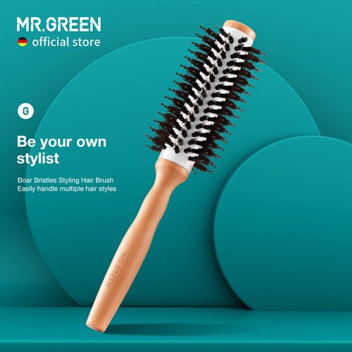 MR.GREEN Boar Bristles Hair Brush Round Styling Curling Roll Hairbrush Natural Wooden Detangling Comb for Long Curly or Any Type Multi-colored