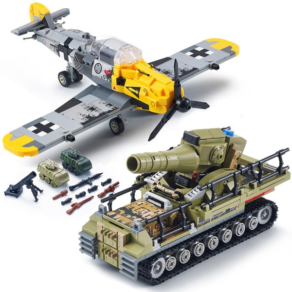 WW2 Military Toy Building Block Set, Compatible with Lego, Create The Karl Giant Mortar Tank and BF109 Fighter Plane, Perfect Military Toy Gift for Boys, and Teens Aged 8-14 (1015 Pieces)