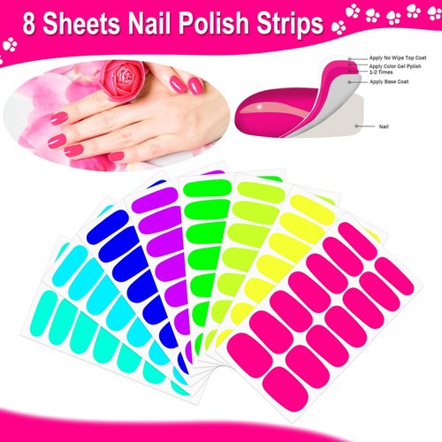 DANNEASY 8 Sheets Fluorescence Color Nail Wraps for Women Self Adhesive Nail Polish Stickers Stick on Nail Polish Strips Gel Fingernail Sticker Nails with Nail File, Cuticle Stick