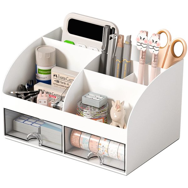 COMFYROOM Desk Organizer and Accessories with 6 Compartments and 2 Drawers, Plastic Makeup Organizer, Pen Holder for Desktop Storage, Desk Organization for School, Home, Office Supplies (White)