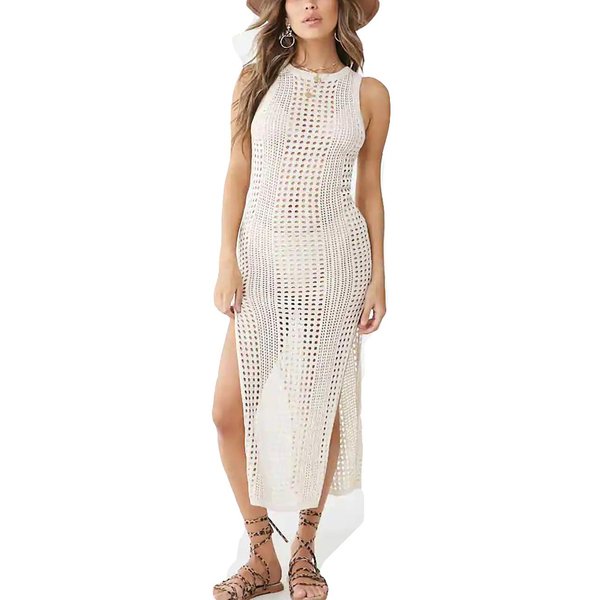 Bsubseach Women Beige Hollow Out Sleeveless Bikini Swimsuit Cover Up Swimwear Side Split Crochet Tank Beach Dress
