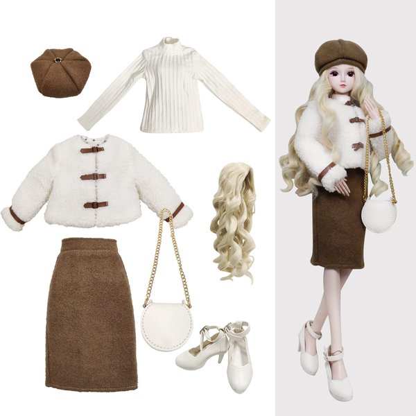 Proudoll 1/3 BJD Doll Clothes 60cm 24in SD Ball Jointed Dolls Accessories Set Beret Wig Jacket Pencil Skirt Long-Sleeve Shirt Crossbody Bag Shoes