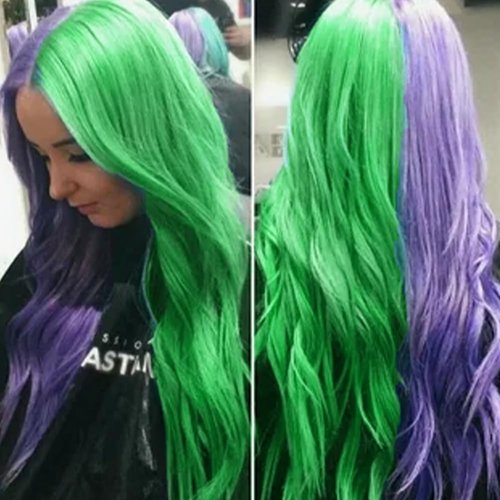 Dai Cloud Half Purple and Half Green Curly Wigs for Women Long Middle Part Split Wig Cosplay Hair Wig(Green and Purple)