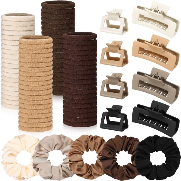 Thiccywoov Hair Accessories for Women Girls, 8 Pcs Matte Hair Claw Clips, 100 Pcs Cotton Hairbands, 5 Pcs Hair Scrunchies with Elastic Rubber Bands and Ponytail Holder, Neutral Color