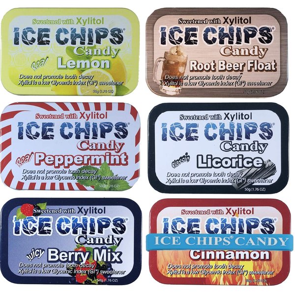 ICE CHIPS Xylitol Candy 6 Tins (Variety Pack); Low Carb, Gluten Free - includes ICE CHIPS BAND as shown