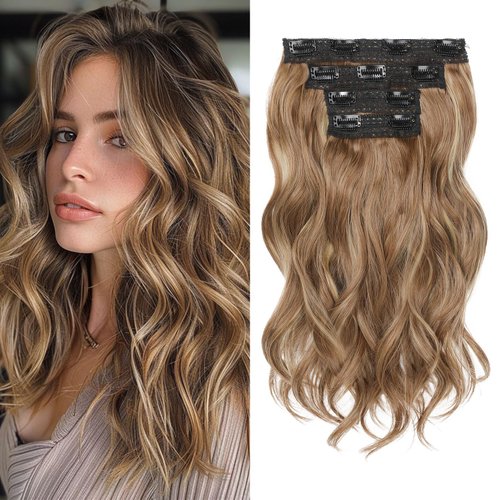 REECHO Hair Extensions, 4PCS Clip in Hair Extensions 14" Short Beach Wavy Hair Extensions Invisible Lace Weft Natural Soft Hairpieces for Women – Light Brown with Highlights