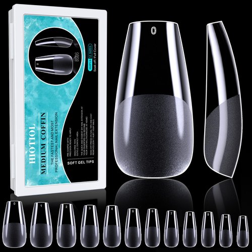 HIOTIOL Medium Coffin Nail Tips, 552Pcs Soft Gel Full Cover Nail Tips for Soak off Nail Extensions, Half Matte Clear False Gel Nail Tips for Nail Salons and DIY Nail Art, 12 Sizes