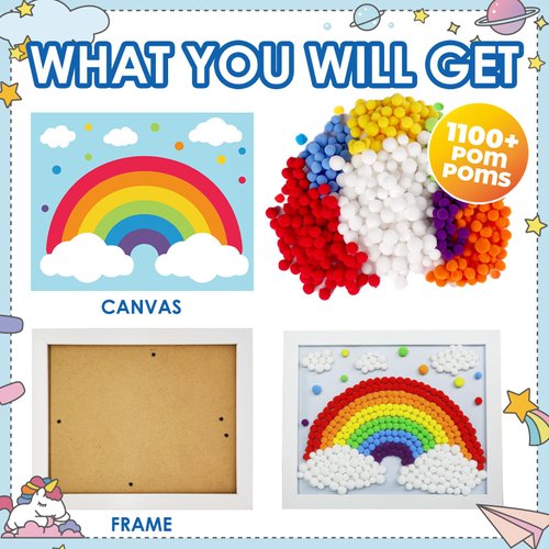 Funto Rainbow Pom Pom Painting Art Kit - 1100+ Colorful Pom Poms and Supplies Included, Canvas and Premium Frame for Home Decor, DIY Painting for Kids and Adults, Perfect Craft Projects for Beginners