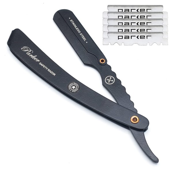 Parker SRXBLK Stainless Steel Clip Type Barber Straight Barber Razor & 5 Blades - Black Finish - **JUST INTRODUCED FOR 2023**