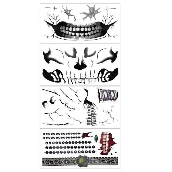 Generic 4 Sheets Halloween Horror Face Makeup Temporary Tattoo Stickers Devil Skull Face Waterproof Fake Tattoos for Cosplay Party Decorations, Black