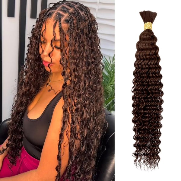 Chocolate Brown Braiding Hair 1 Bundle 50g 18 Inch Deep Water Wave Bulk Hair for Braiding 10A Brazilian Virgin Curly Human Hair Extensions for Boho Braids Wet and Wavy Color 4 Human Braiding Hair