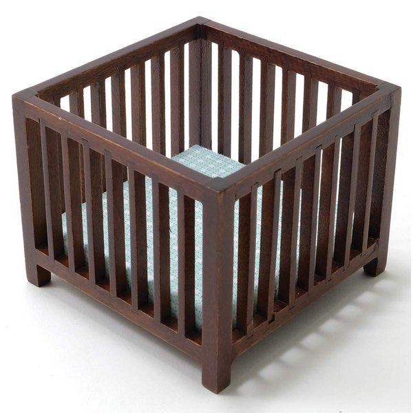 Classics by Handley Dollhouse Miniature Walnut Slatted Play Pen with Blue Fabric