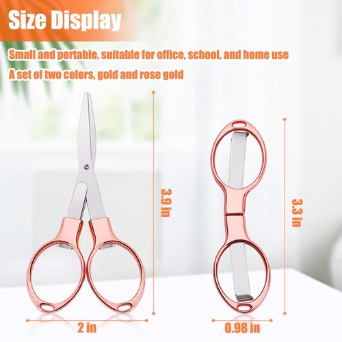 2PCS Folding Scissors, Portable Travel Scissors, Christmas Gift for Men Glasses Shaped Mini Shear Telescopic Cutter, Anti Rust Stainless Steel Scissors for Fishing Sewing (Rose Gold, Gold)- Tiosamd