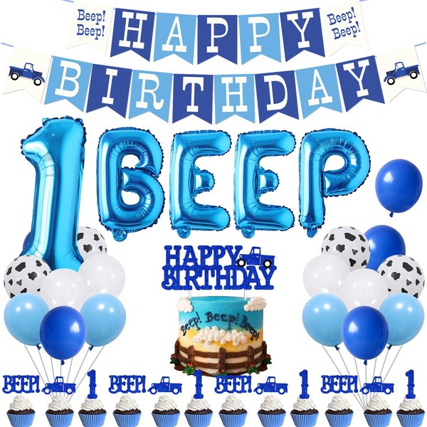 55Pcs Little Blue Truck Farm Theme 1st Birthday Party Decoration with Beep Beep Happy Birthday Banner Blue Truck Beep One Cake Topper for Kids Boys Girls First Birthday Party Supplies