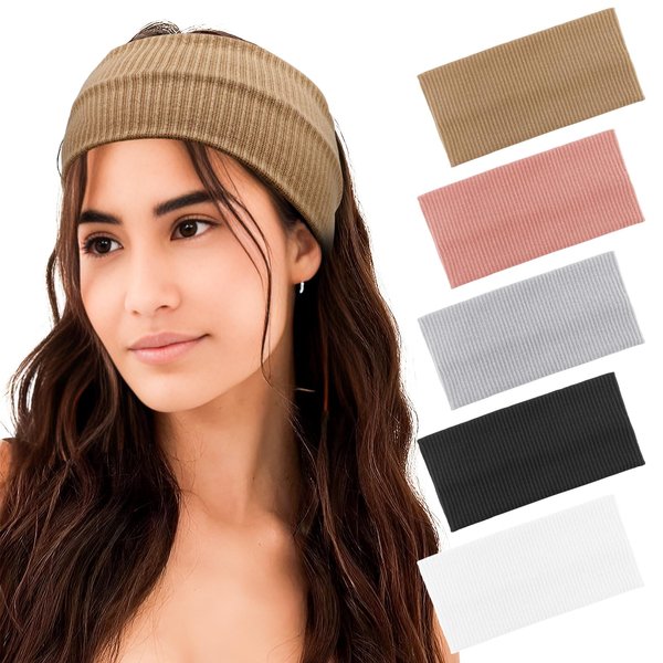 FASOTY Headbands for Women Non Slip Wide Fashion Head Bands Soft Elastic Hairbands Workout Yoga Head Wrap Thick Headbands Hair Accessories, 5 Pack-Color B