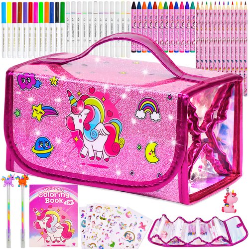 YGSEPCC Unicorn Washable Markers Set with Glitte Pencil Case, Arts and Crafts for Kids Age 4-6-8, Birthday Christmas Gifts for Girls 5 6 7 8 9 Years Old, Art Supplies Coloring Set with Sticker
