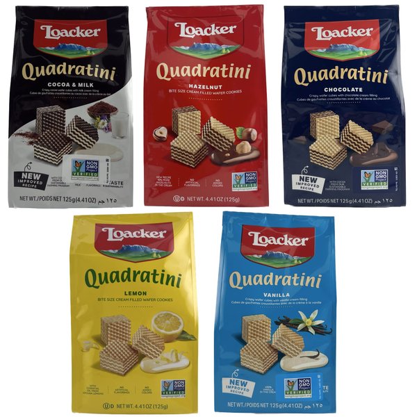 Loacker Quadratini Wafer Cookies Variety 5 Pack- Vanilla Wafers Cookies, Chocolate Wafers, Cocoa and Milk Wafers, Hazelnut Wafers, and Lemon Wafers by Snackivore