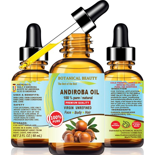 Botanical Beauty Brazilian ANDIROBA OIL 100% Pure Natural Virgin Unrefined Cold-pressed carrier oil 2 Fl oz 60 ml For Face, Skin, Body, Hair, Lip, Nails, Rich in vitamin C and vitamin E