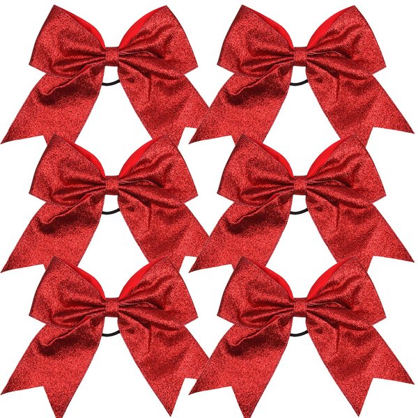 Cheerleader Bows Cheerleading 8 inch Sparkle Glitter Ponytail Holder Hair Tie School for High School College Girl Team Sports 6 Pcs … (Red)