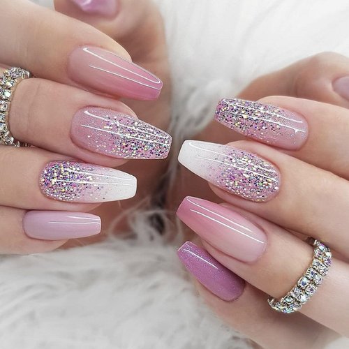 Coffin Press on Nails Medium False Nails with Glitter Designs Gradient Fake Nails Cute Nails Press ons Glossy Glue on Nails Purple Full Cover Acrylic Stick on Nails for Women 24Pcs