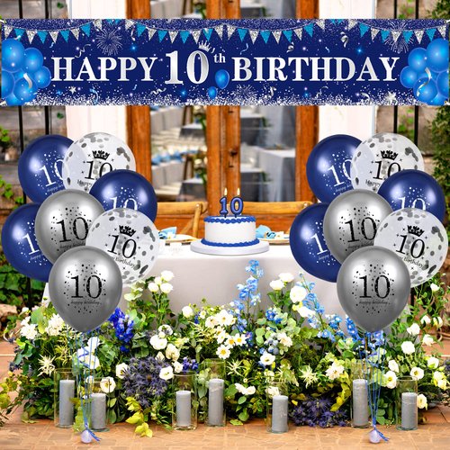 Blue 10th Birthday Decorations for Boys Girls, Navy Blue Silver Happy 10th Birthday Banner and 10th Birthday Balloons for 10th Birthday Anniversary Party Supplies, Tenth Year Old Party Decorations
