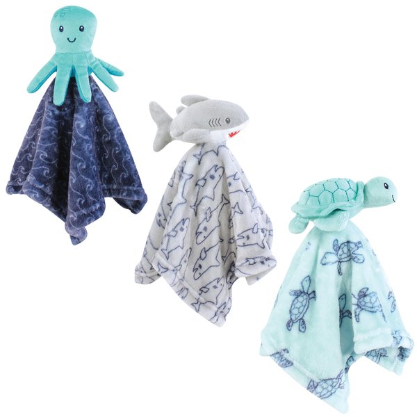 Hudson Baby Unisex Baby Animal Face Security Blanket, Ocean Friends 3-Pack, One Size