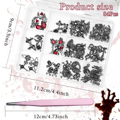 84 Pcs 3D Black Halloween Nail Charms and Gems, Multi Shapes Black Spider Snake Skull Hand Skull Cross Gems Design Vintage Gothic Halloween Nail Jewelry for Halloween Holiday Nail Art DIY