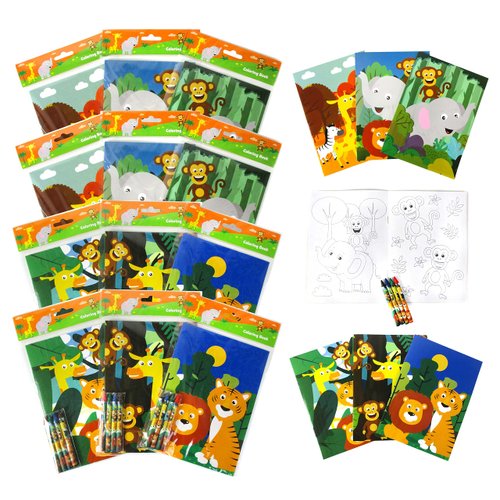 TINYMILLS Safari Zoo Animals Coloring Book for Kids with 12 Coloring Books and 48 Crayons Fun Jungle Book Animals Birthday Party Supplies Zoo Party Favor Bag Fillers