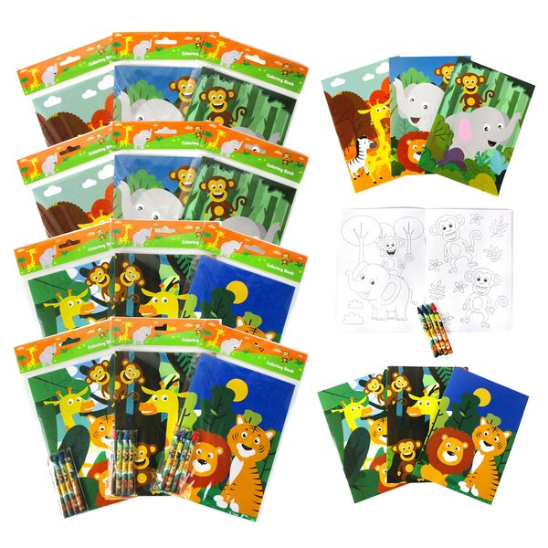 TINYMILLS Safari Zoo Animals Coloring Book for Kids with 12 Coloring Books and 48 Crayons Fun Jungle Book Animals Birthday Party Supplies Zoo Party Favor Bag Fillers