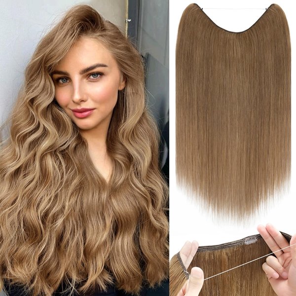 Rich Choices Wire In Hair Extensions Human Hair #6 Light Brown 16 Inch One Piece Secret Fish Line Hair Piece Halo Hair Extensions Real Human Hair With 2 Clips Long Silky Straight 60g