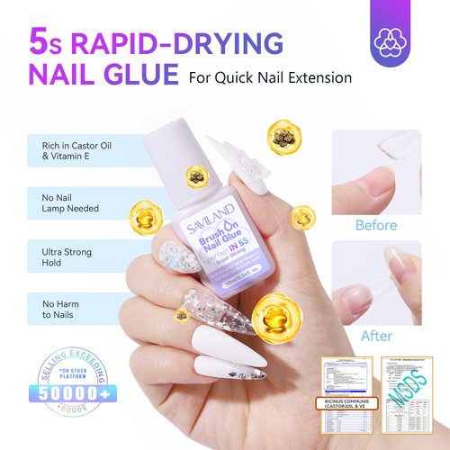 Saviland Nail Glue: 5s Dry Fast Super Strong Nail Glue for Press Ons Natural Brush-on Nail Glue for Acrylic Nails Fake Nail Tips French Manicure Salon Nail Glue for Beginners at Home 10ml