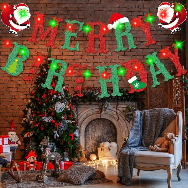 Christmas Birthday Party Decorations,Merry Birthday Banner with Light,Christmas Happy Birthday Banner with String Lights LED Lights String for Birthday Christmas Fireplace Home Decorations