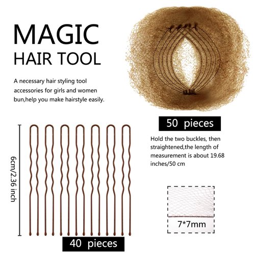 Zonon Bun Hair Nets Invisible Elastic Edge Mesh and U Shaped Pins Set, 50Pcs Individual Package Invisible Hair Nets, 40Pcs U Shaped Pins for Ballet Bun, Sleeping, Women and Wig (Light Brown)