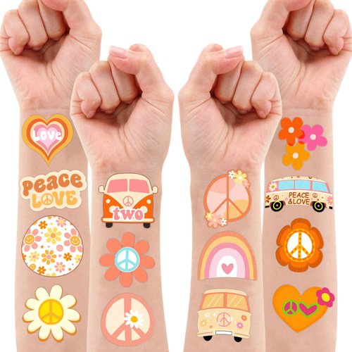 Cute Groovy 2 Temporary Tattoos 10 Sheets 100 PCS Boho Party Decorations Favors Supplies Two Peace Theme Birthday Stickers Christmas Gifts for Boys Girls Kids Class School Prizes Carnival Christmas