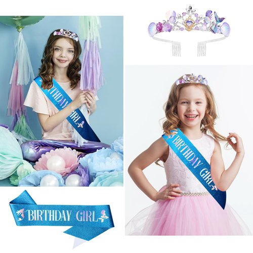 YARIEW Mermaid Crown and Birthday Sash Mermaid Birthday Decorations Mermaid Birthday Party Decorations Birthday Sash for Women Birthday Crown Tiara for Women Halloween Costume Gifts