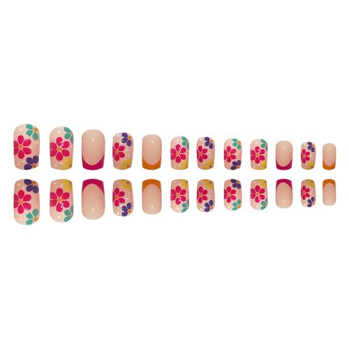 French Tip Press on Nails Square Short Fake Nails Pink False Nails with Colorful Designs Glossy Acrylic Nails Spring Summer Floral Glue on Nails for Women Nail Art Decorations