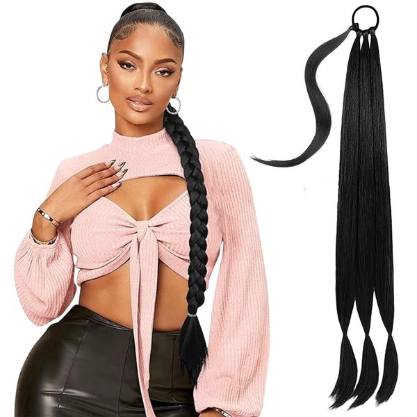 Simfree Ponytail Hair - Ponytail hair Extensions,Ponytail Hair Extension with Elastic Tie,Black Brown Braid Hair Extensions Ponytail Natural Soft Synthetic Hairpiece for Women Girls Teens (Black)