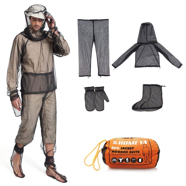 HOMEYA Bug Jacket L/XL, Anti Mosquito Netting Suit with Zipper on Hood Ultra-fine Mesh Pants Mitt Socks with Free Carry Pouch for Protecting Hunting Fishing Men Women