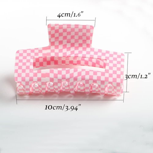 Checkered Hair Claw Clips,Pack of 3,Vintage Pink/White Checkered Claw Clips Cellulose Acetate Banana Clips,Nonslip Hair Clamp for Women Girls (Pink)