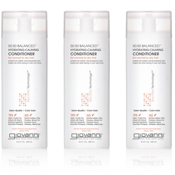 GIOVANNI Eco Chic 50:50 Balanced Hydrating Calming Conditioner - Leaves Hair pH Balanced for Over-Processed Hair, Lauryl & Laureth Lauryl & Laureth Sulfate Free, Color Safe - 8.5 oz (Pack of 3)