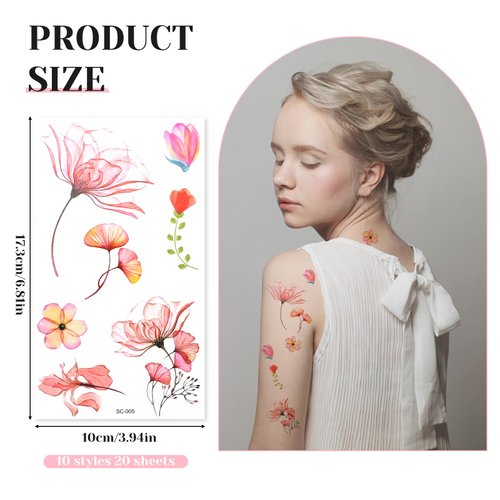 Molain 20 Sheets X-Ray Flowers Temporary Tattoos for Women, Watercolor Rose Lily Floral Tattoos Arm Fake Flower Tattoo Stickers Body Art Waterproof Tattoo Stickers