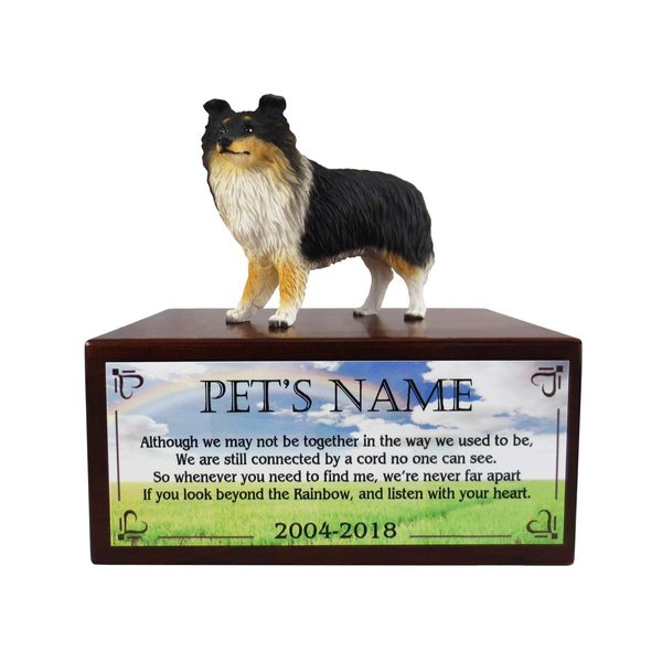 Conversation Concepts Beautiful Paulownia Small Wooden Urn with Sheltie Tricolor Figurine & Personalized Poem Beyond The Rainbow