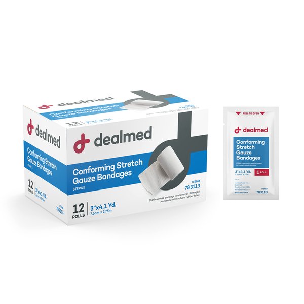 Dealmed 2" Sterile Conforming Stretch Gauze Bandages, 4.1 Yards Latex Free Stretched Dressing Wrap, Medical Non-Adherent Wound Care Mesh Bandages (Box of 12 Rolls)