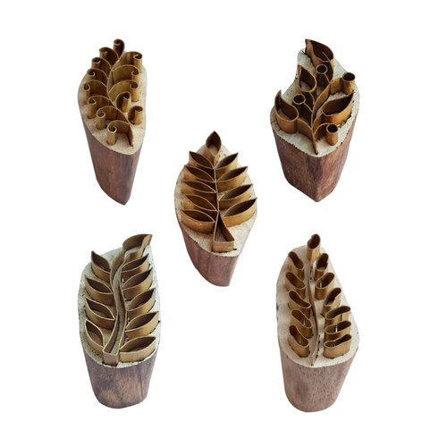 Royal Kraft Leaf Brass Wooden Stamps (Set of 5) for Block Printing on Clay, Pottery, Fabric BHtag0070