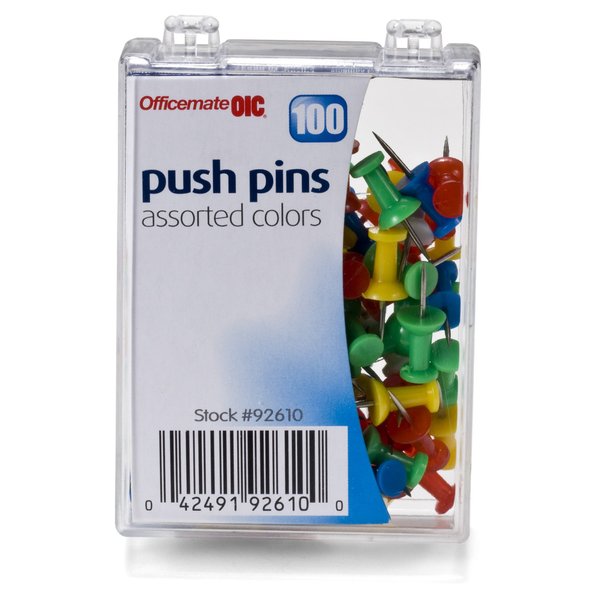 Officemate Push Pins in Reusable Box, Assorted Colors, Box of 100 (92610)