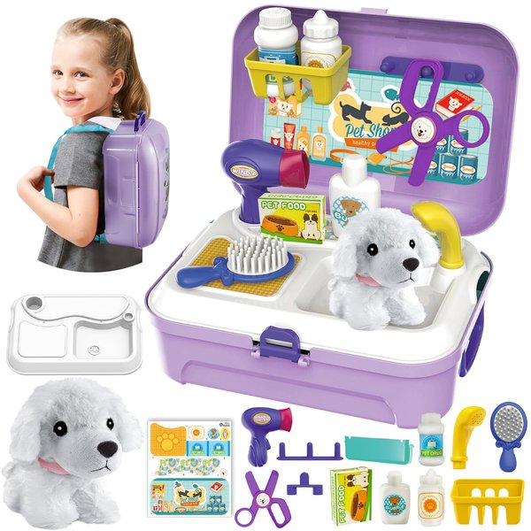 HERSITY Pet Care Vet Kit Kid, Puppy Pretend Play Toy Girl, Toy Dog Bath Grooming Set, Gift 3 4 5 6 Year Old Toddlers Childrens Veterinarian Playset