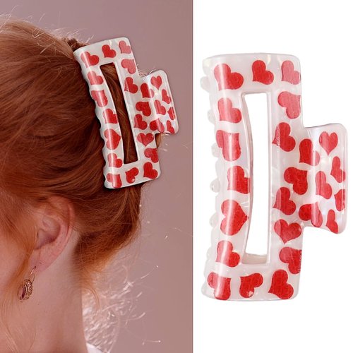 Valentine's Day Square Claw Clips for Thick Thin Hair, 3" Medium Hair Clips with Red Heart Patterns Non-Slip Hair Claw Clips Strong Hold Hair Styling Accessories for Women Girls Bridesmaid Gift, 1Pack