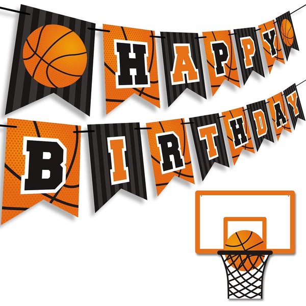 Basketball Happy Birthday Banner Slam Dunk Party Decoration Supplies Kids Teenagers Boys B-day Photo Prop Pennant Ideas NO DIY Required