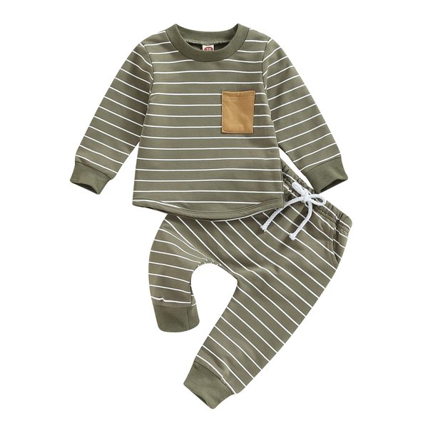 Toddler Baby Boys Playwear Outfits Striped Print Long Sleeve Sweatshirt Tops and Drawstring Pants Clothing Sets (Army Green, 18-24 Months)